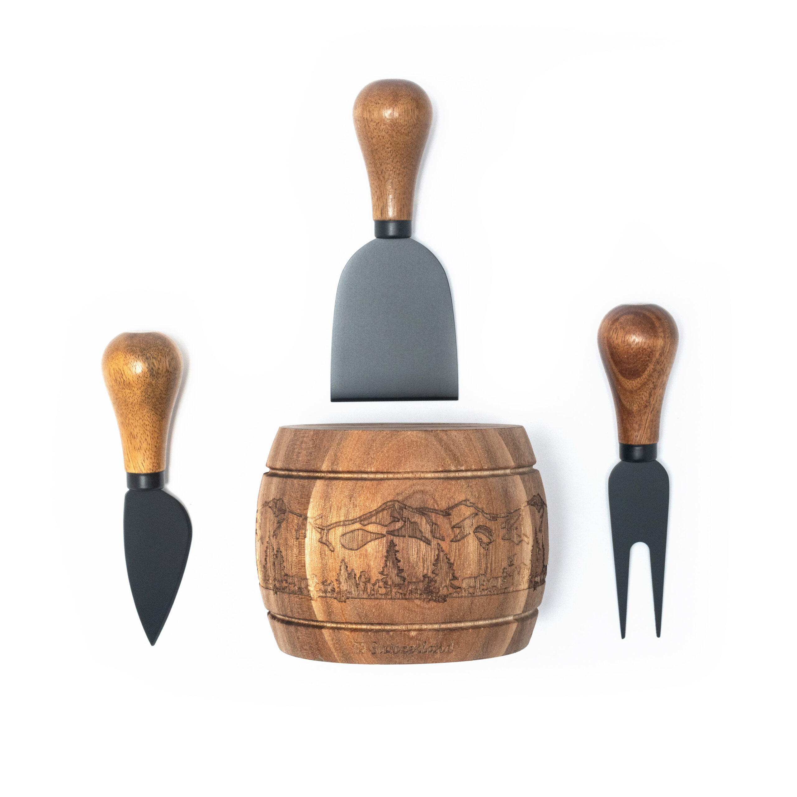 Image of Holzfass mit 3 Messern Interlaken